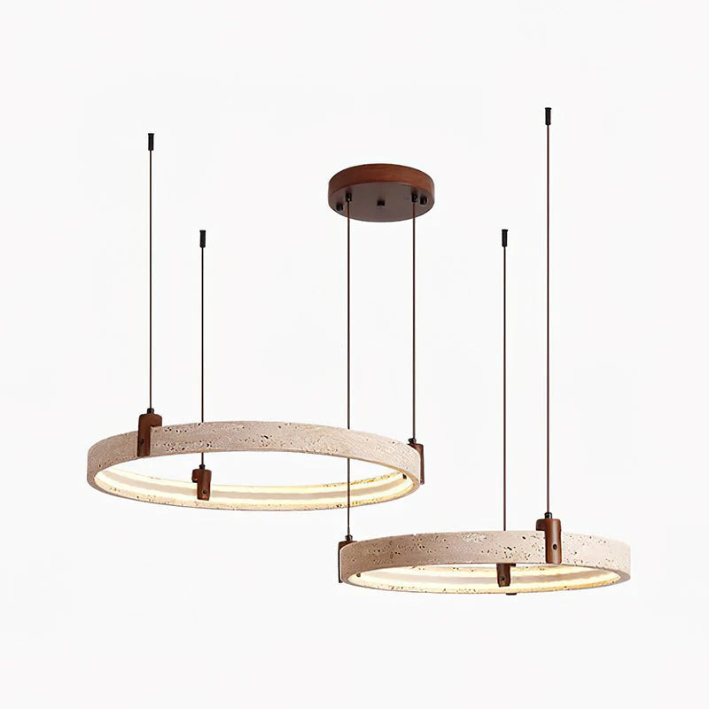 Ring Chandelier Travertine Stone & Walnut Integrated Dimmable LED