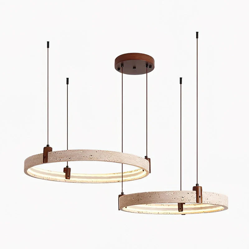 Ring Chandelier Travertine Stone & Walnut Integrated Dimmable LED