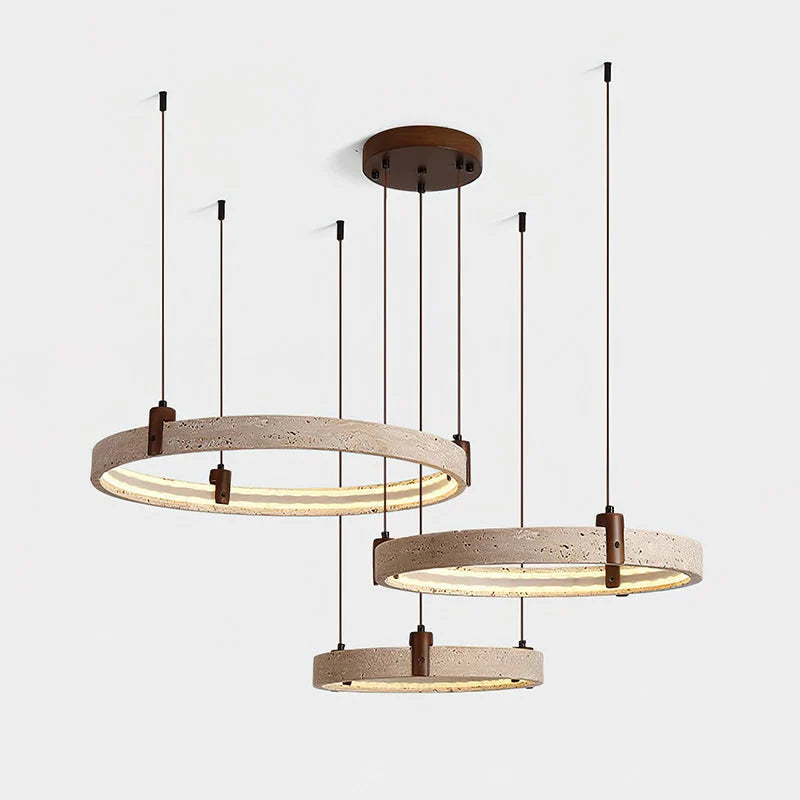 Ring Chandelier Travertine Stone & Walnut Integrated Dimmable LED