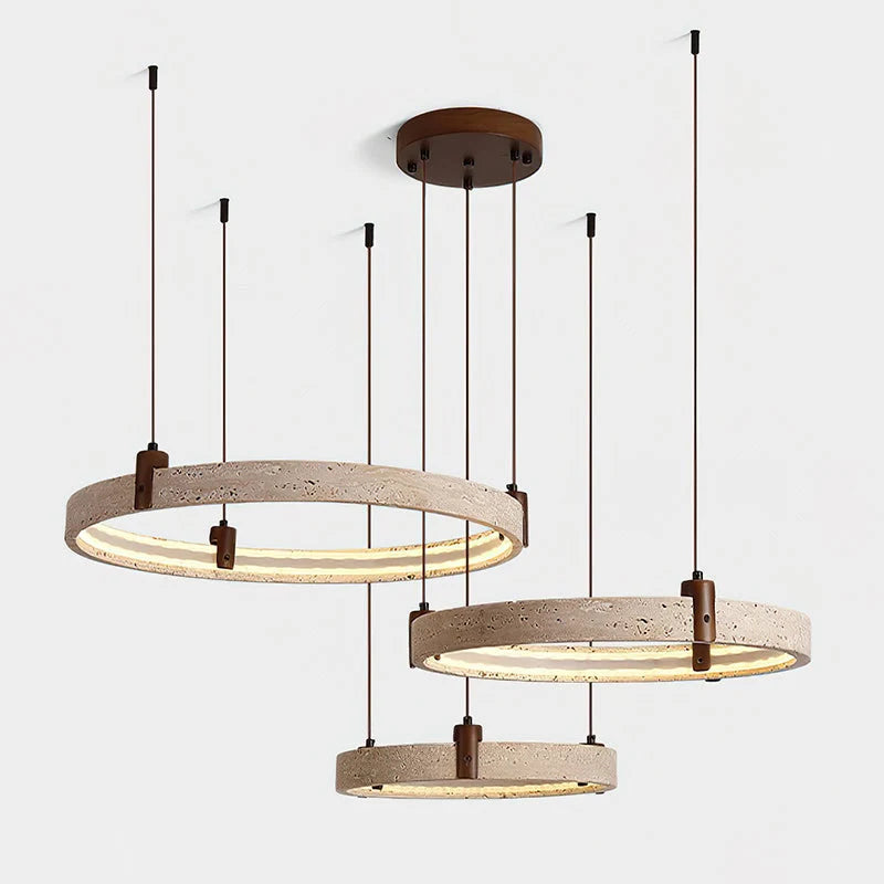 Ring Chandelier Travertine Stone & Walnut Integrated Dimmable LED