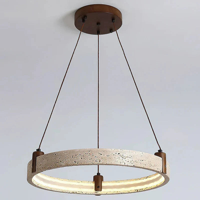 Ring Chandelier Travertine Stone & Walnut Integrated Dimmable LED