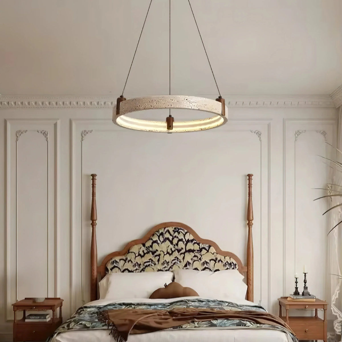 Ring Chandelier Travertine Stone & Walnut Integrated Dimmable LED