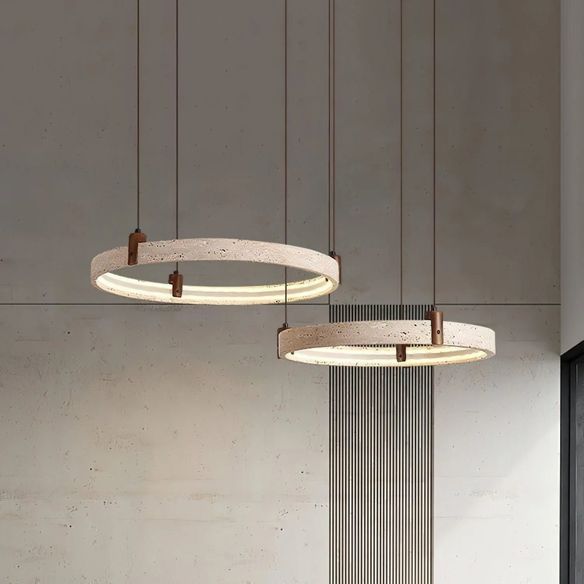 Ring Chandelier Travertine Stone & Walnut Integrated Dimmable LED