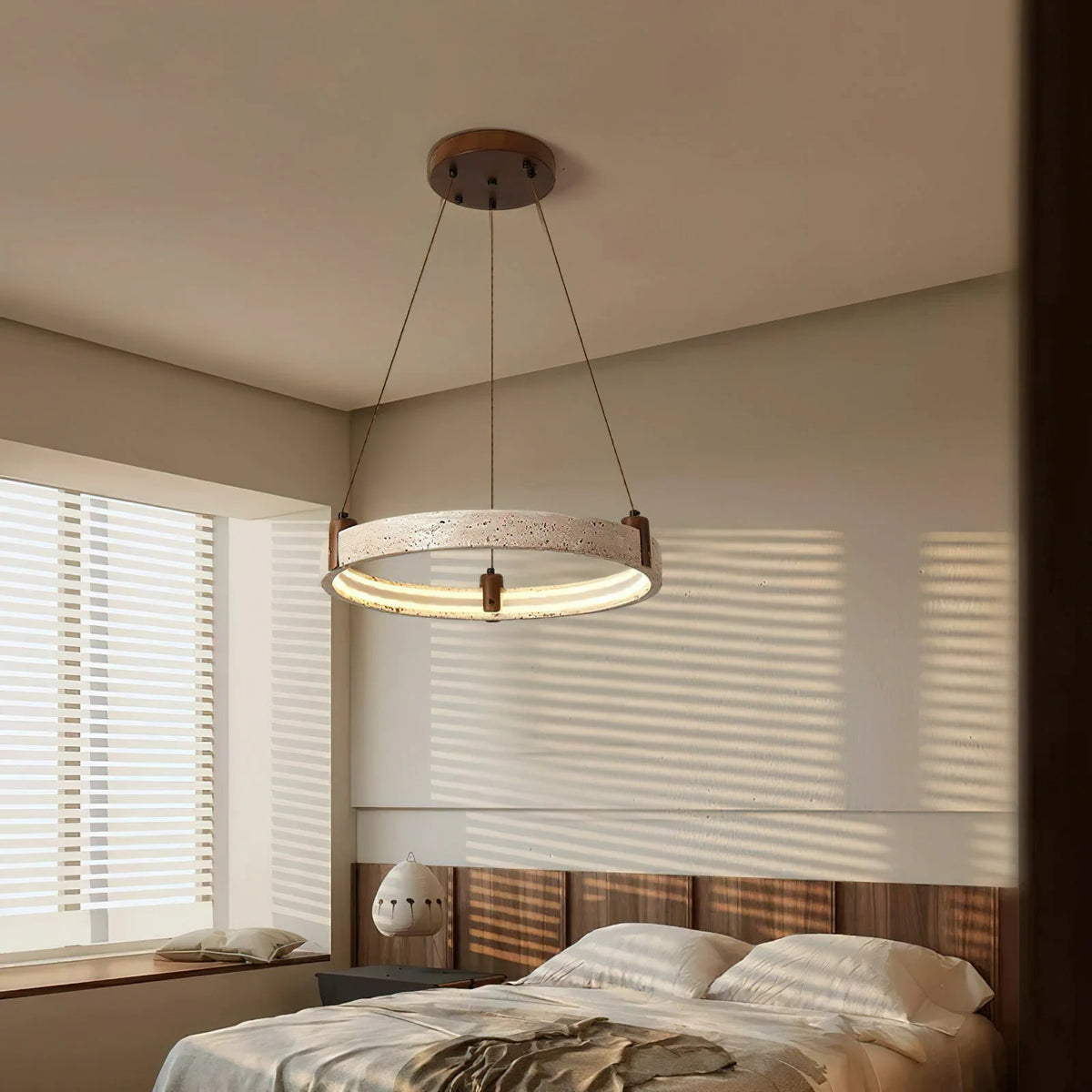 Ring Chandelier Travertine Stone & Walnut Integrated Dimmable LED