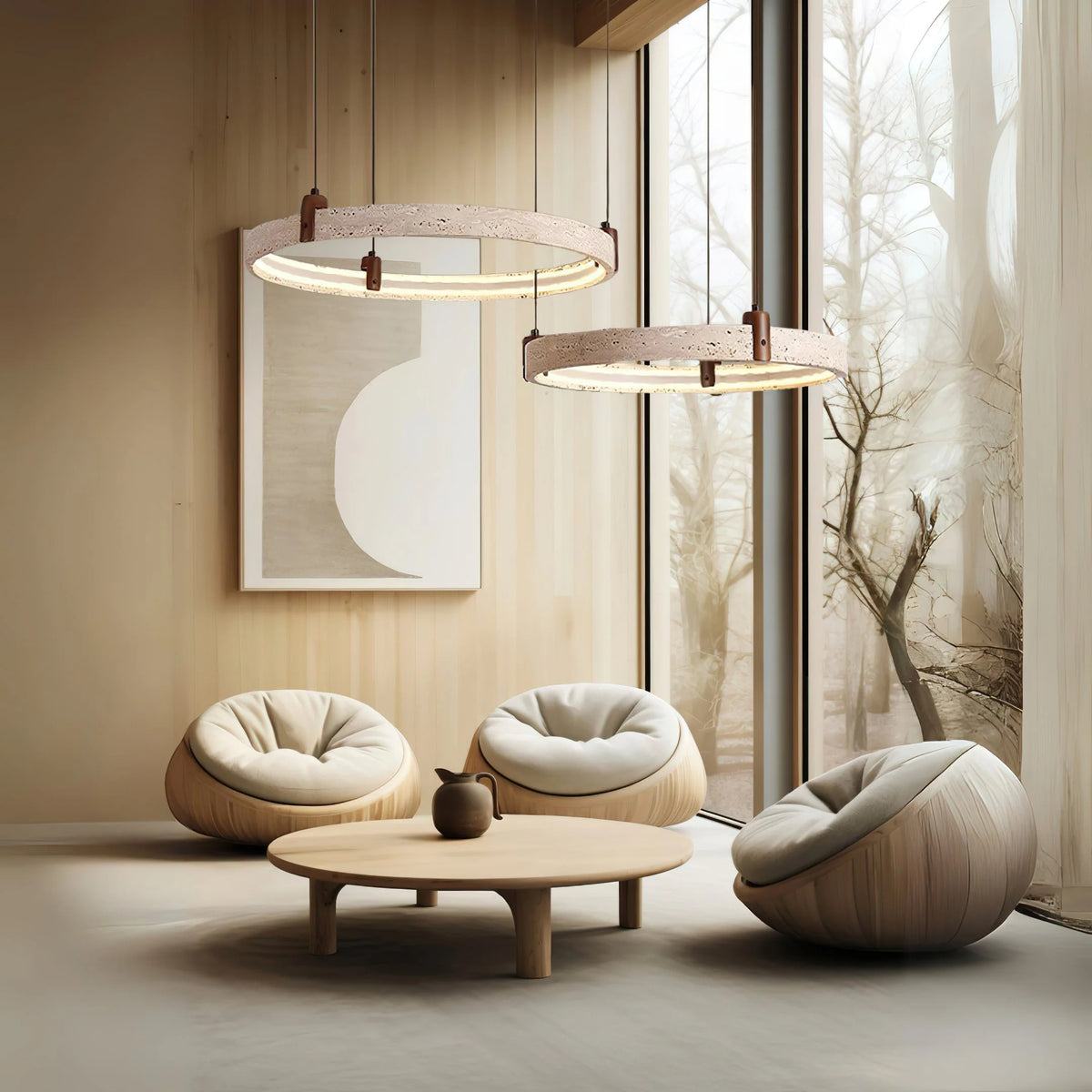 Ring Chandelier Travertine Stone & Walnut Integrated Dimmable LED