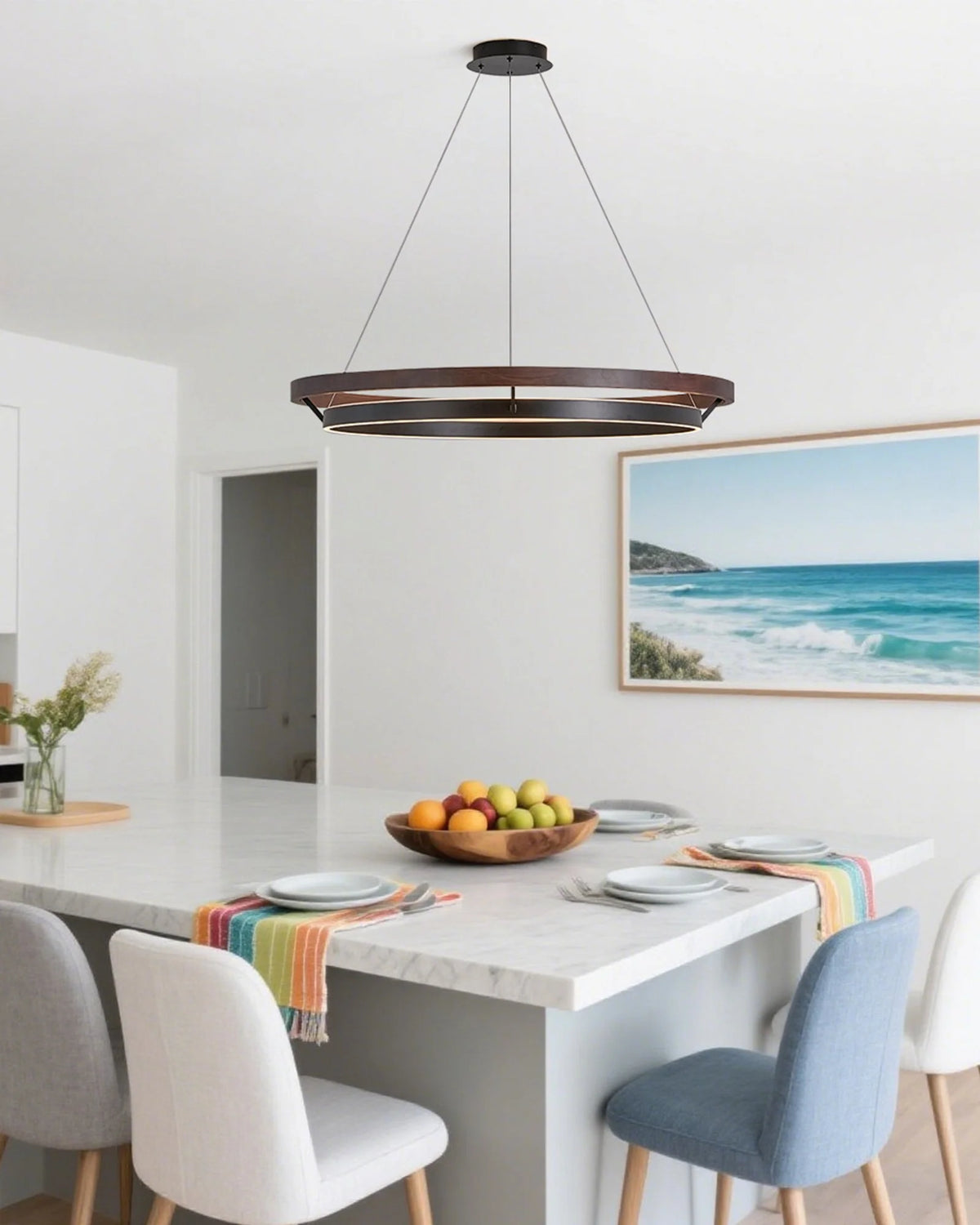 Ring Chandelier Wooden Integrated LED Adjustable Height