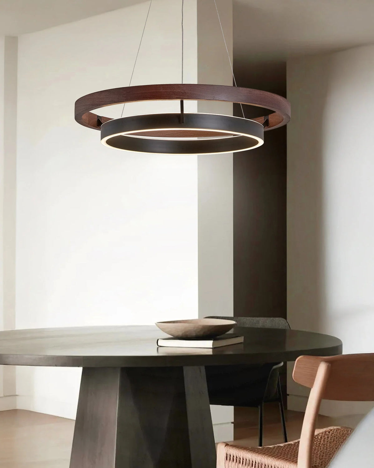 Ring Chandelier Wooden Integrated LED Adjustable Height