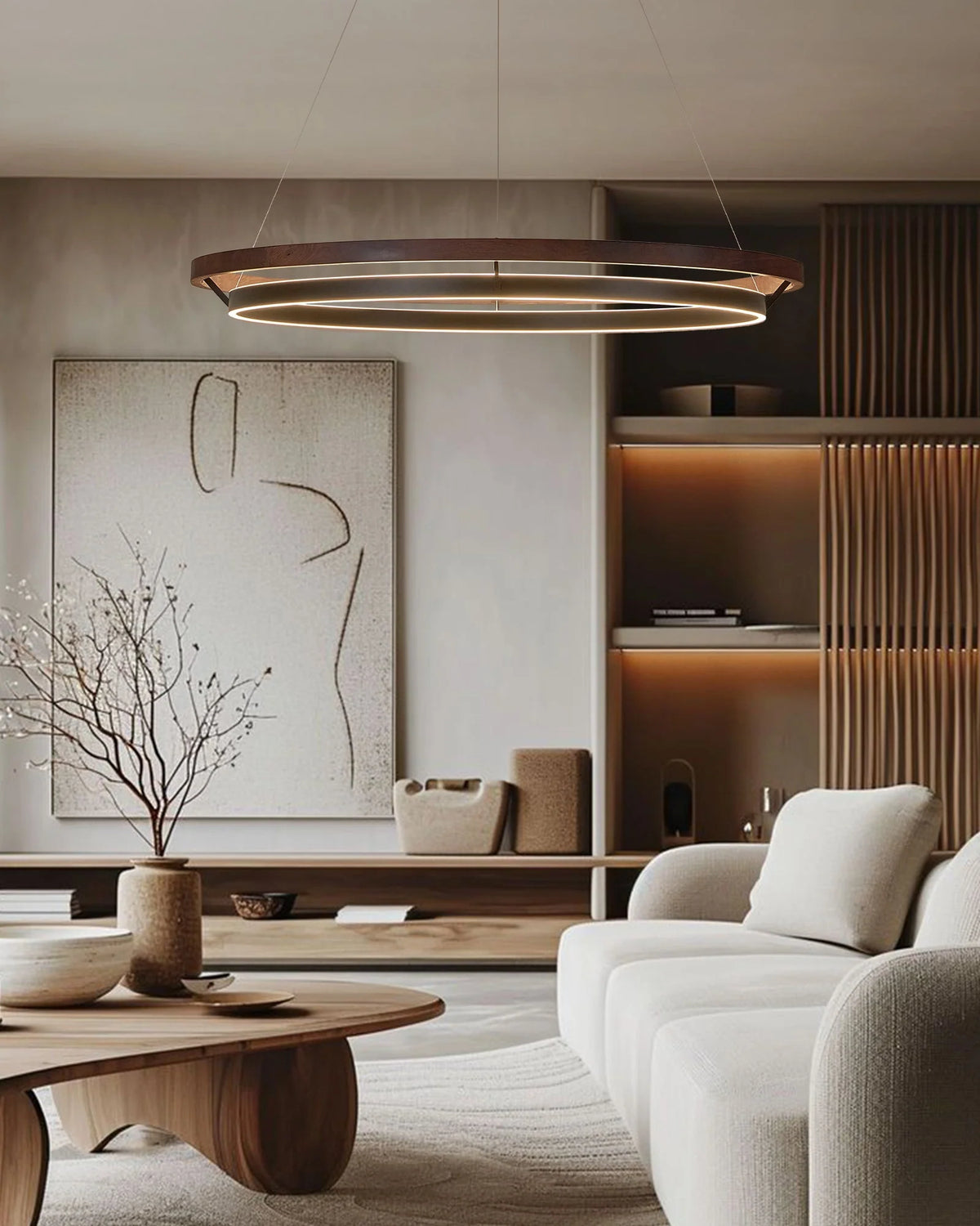 Ring Chandelier Wooden Integrated LED Adjustable Height