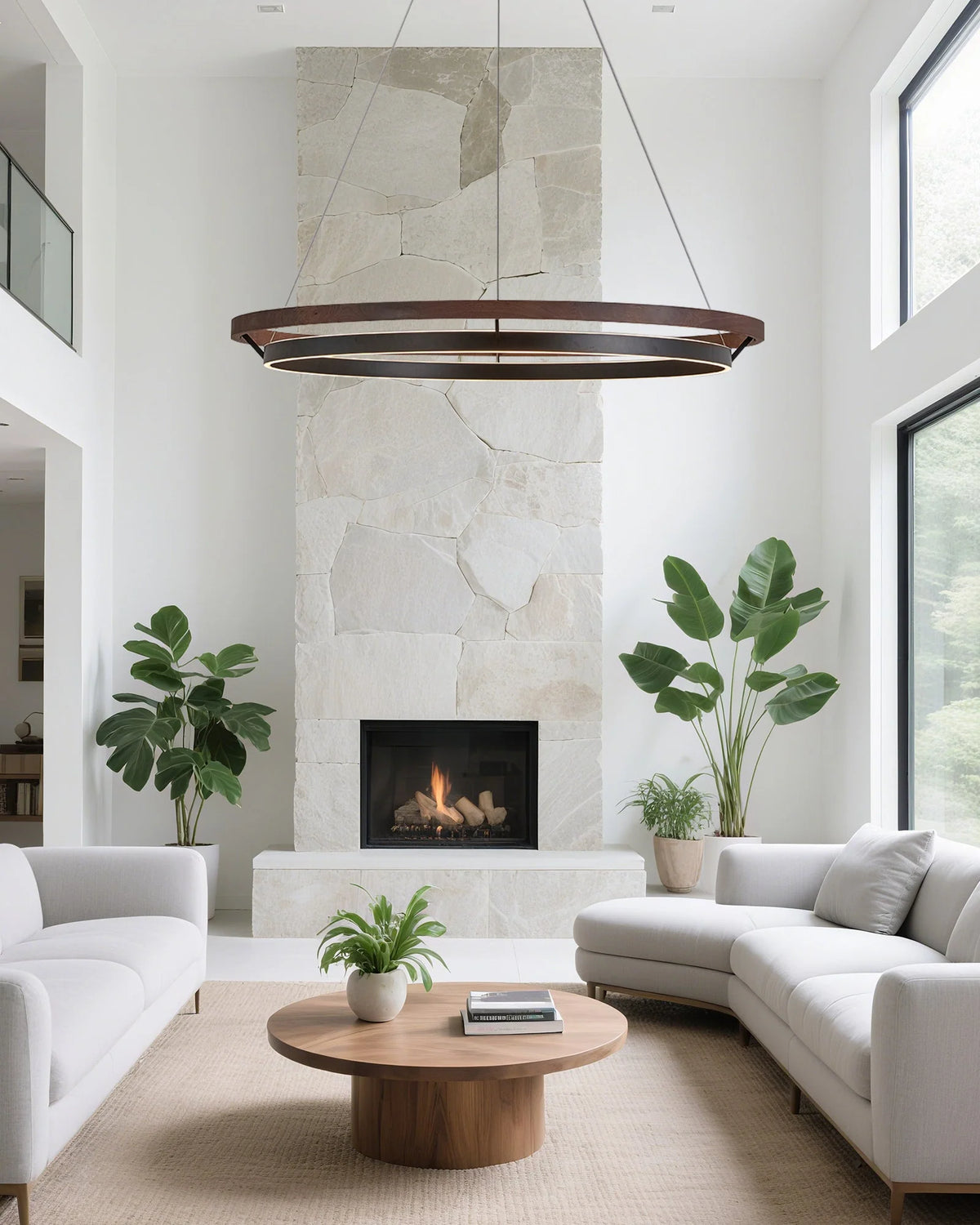 Ring Chandelier Wooden Integrated LED Adjustable Height