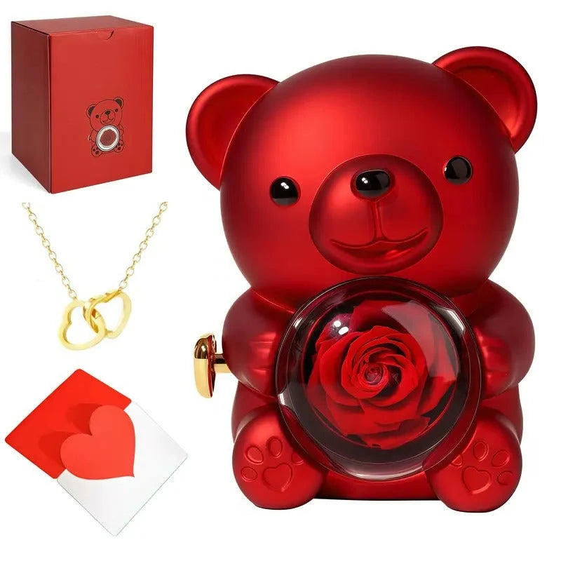 Ring & Necklace Set Unisex Rose Bear Rhinestone Pendant