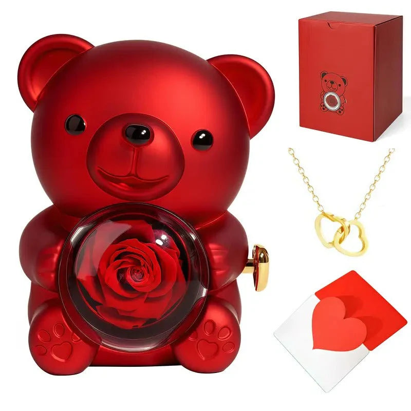 Ring & Necklace Set Unisex Rose Bear Rhinestone Pendant