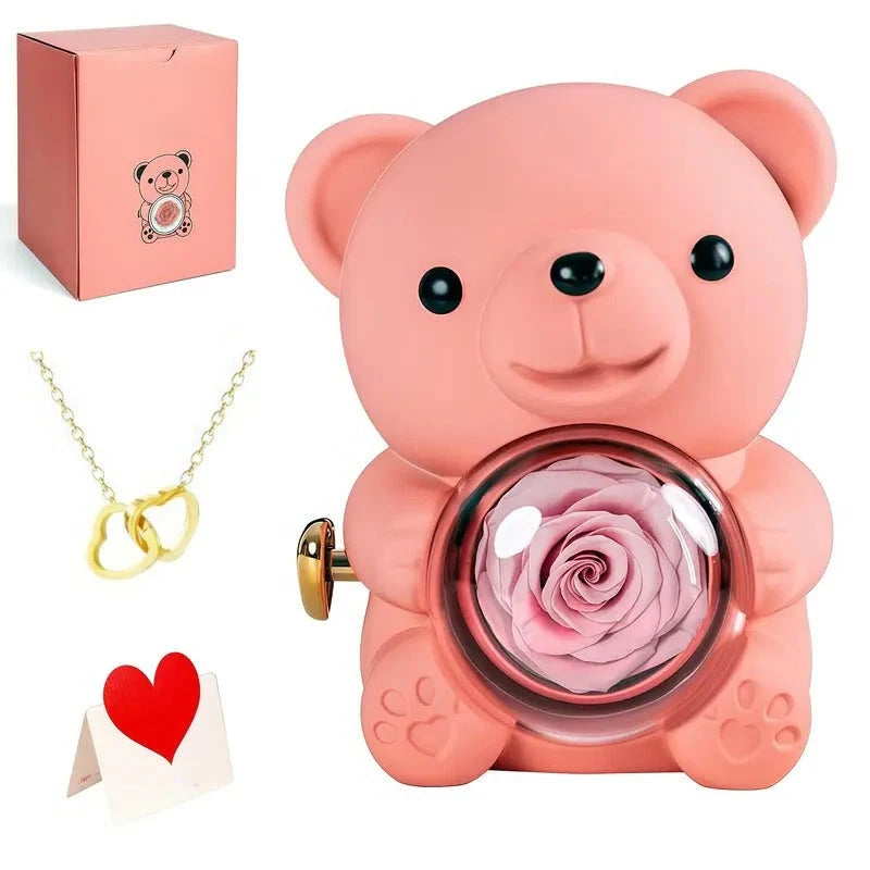 Ring & Necklace Set Unisex Rose Bear Rhinestone Pendant