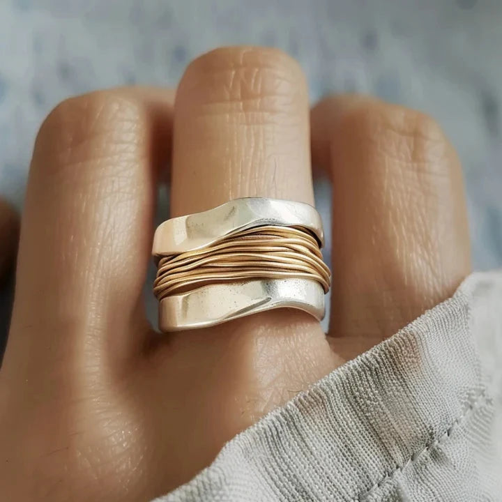 Ring Two-Tone Silver & Gold Twisted Band Comfort Fit