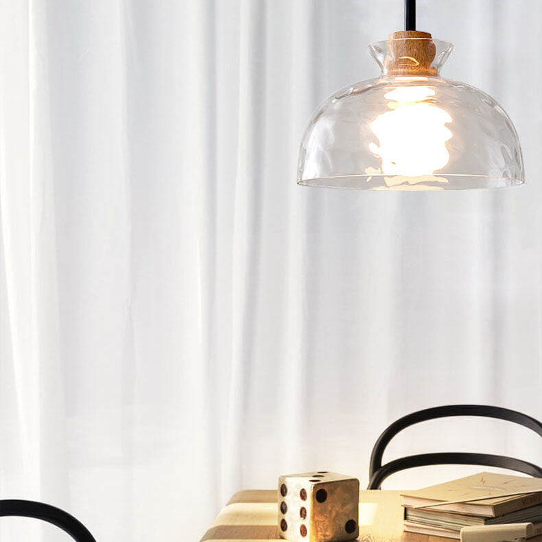 Rippled Glass & Wood Pendant Light