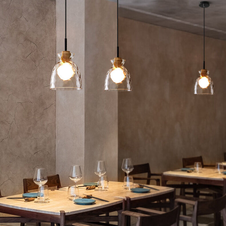 Rippled Glass & Wood Pendant Light