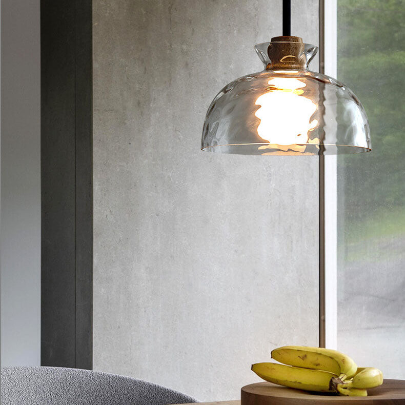 Rippled Glass & Wood Pendant Light
