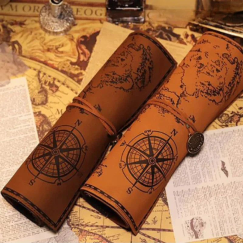 Roll-Up Pencil Case Vintage Map Print Securing Strap