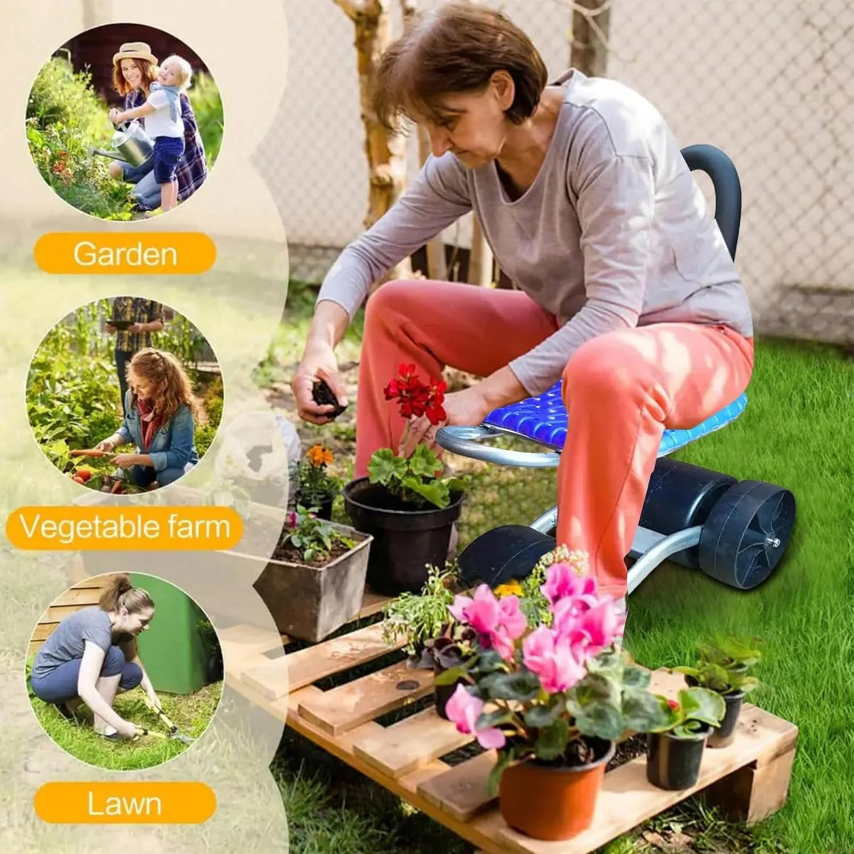 Rolling Garden Seat Ergonomic 360-Degree Swivel & Adjustable Height