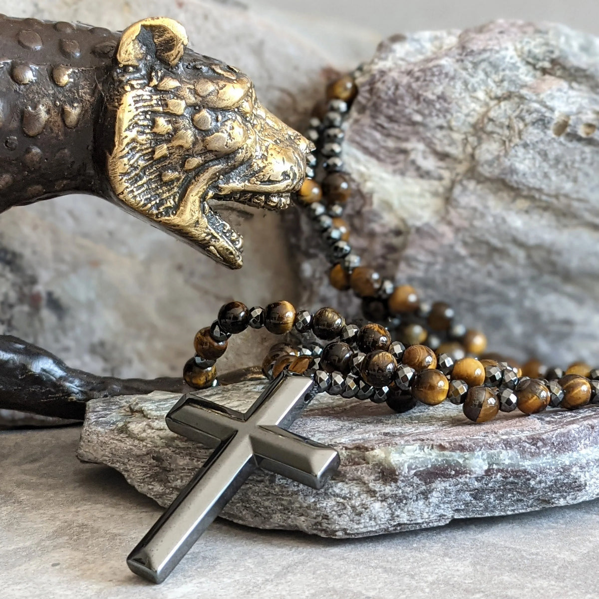 Rosary Necklace Natural Stone Cross Pendant Adjustable Length