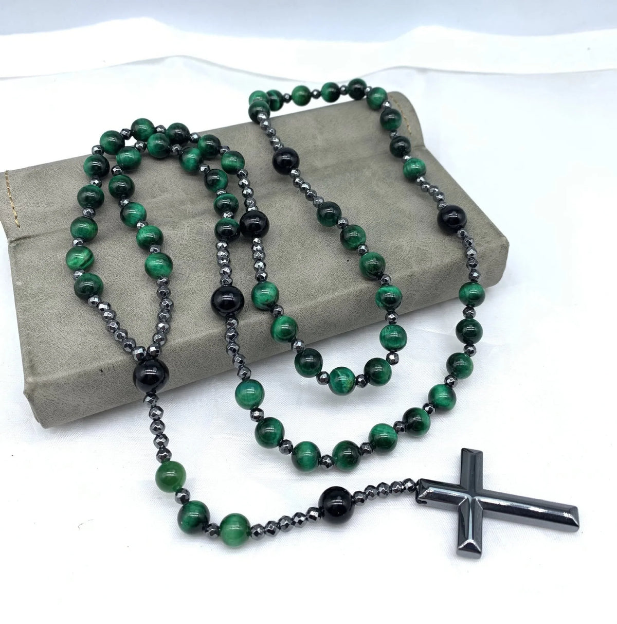 Rosary Necklace Natural Stone Cross Pendant Adjustable Length