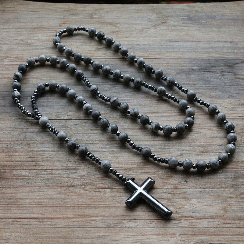 Rosary Necklace Natural Stone Cross Pendant Adjustable Length