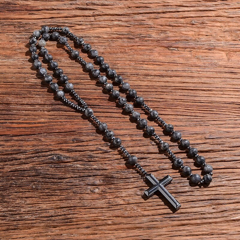 Rosary Necklace Natural Stone Cross Pendant Adjustable Length