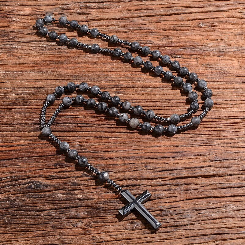 Rosary Necklace Natural Stone Cross Pendant Adjustable Length