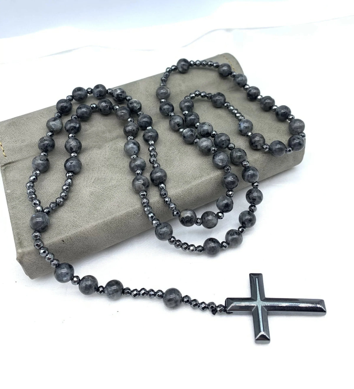 Rosary Necklace Natural Stone Cross Pendant Adjustable Length