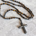 Rosary Necklace Natural Stone Cross Pendant Adjustable Length
