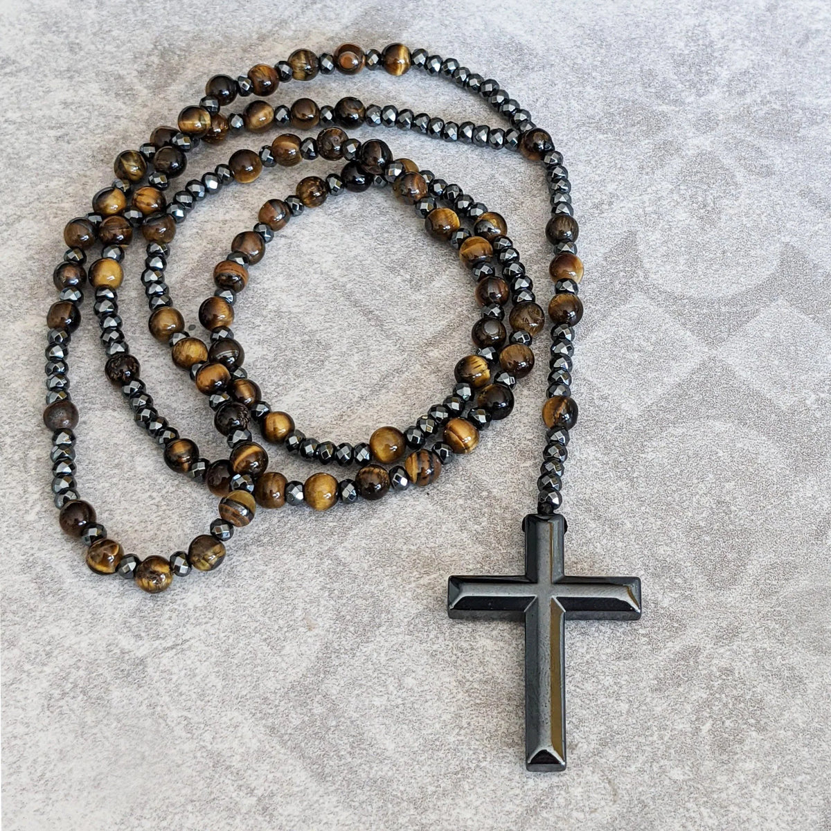 Rosary Necklace Natural Stone Cross Pendant Adjustable Length
