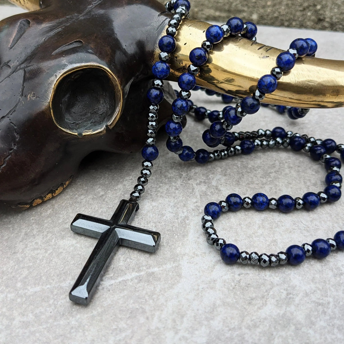 Rosary Necklace Natural Stone Cross Pendant Adjustable Length