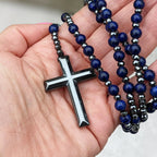 Rosary Necklace Natural Stone Cross Pendant Adjustable Length