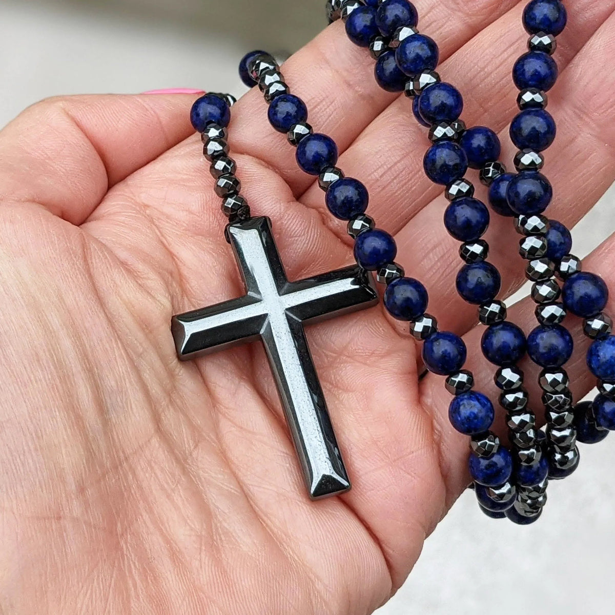Rosary Necklace Natural Stone Cross Pendant Adjustable Length