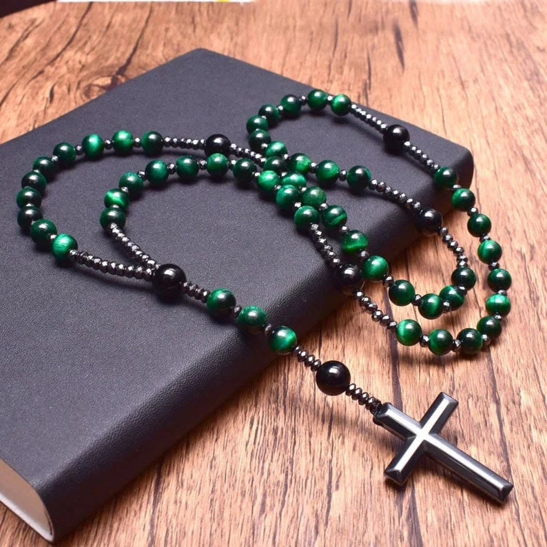 Rosary Necklace Natural Stone Cross Pendant Adjustable Length