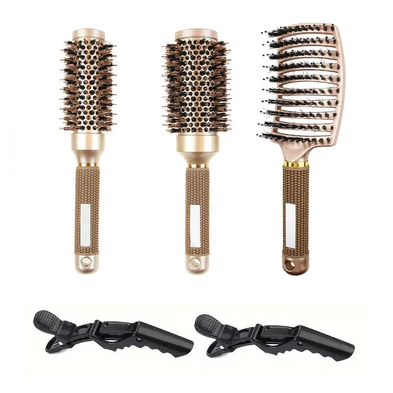 Round Brush Set Boar Bristles & Ceramic Barrel Non-Slip Handle