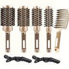 Round Brush Set Boar Bristles & Ceramic Barrel Non-Slip Handle