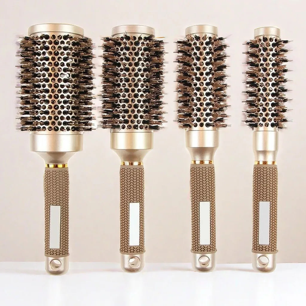 Round Brush Set Boar Bristles & Ceramic Barrel Non-Slip Handle