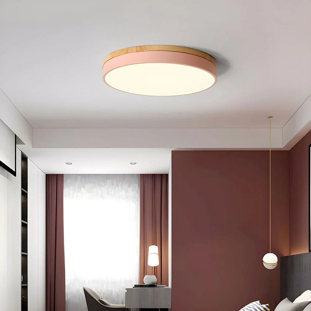 Round Ceiling Lamp Natural Wood Dimmable LED