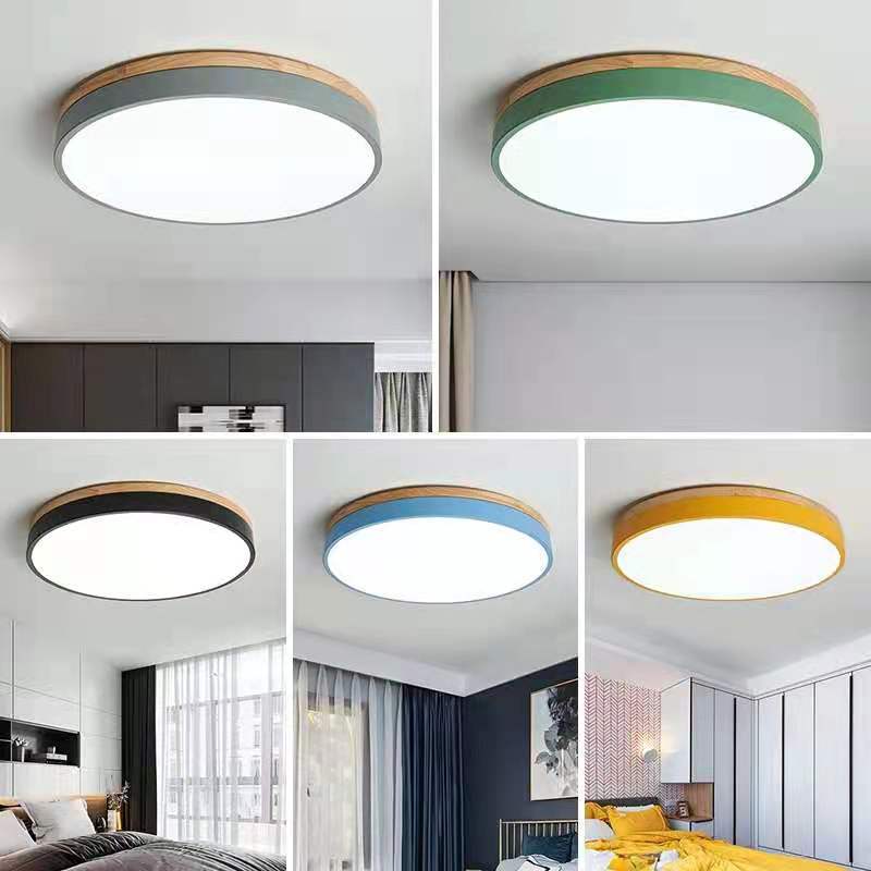 Round Ceiling Lamp Natural Wood Dimmable LED