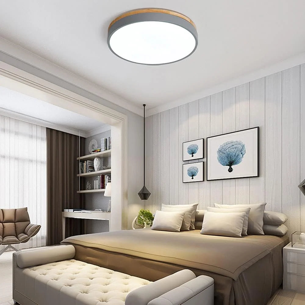 Round Ceiling Lamp Natural Wood Dimmable LED