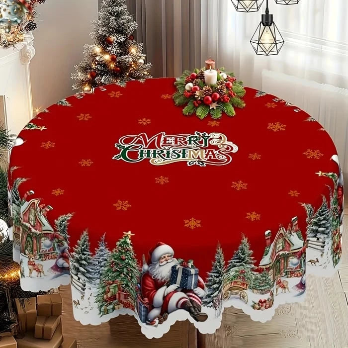 Round Tablecloth Christmas Scalloped Edge Wrinkle-Resistant Polyester