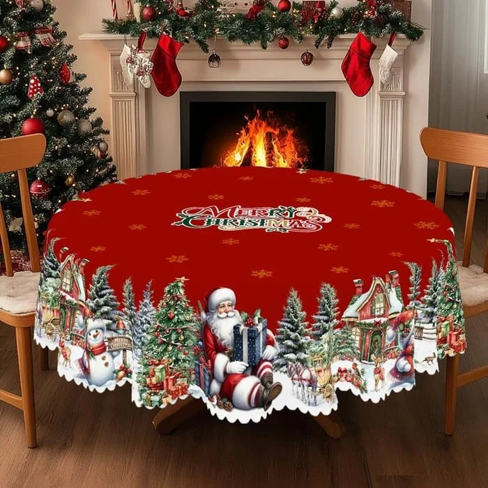 Round Tablecloth Christmas Scalloped Edge Wrinkle-Resistant Polyester