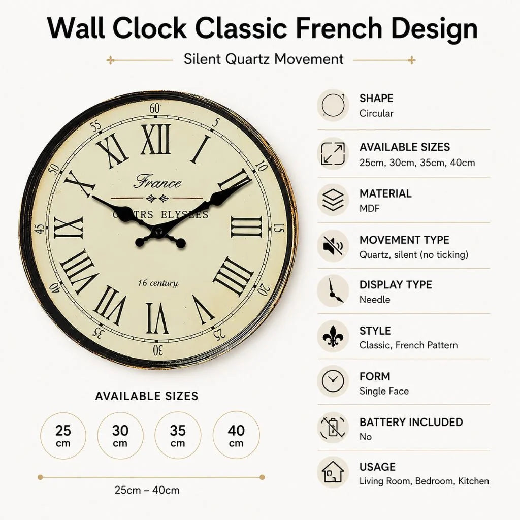 Round Wall Clock Silent Quartz Movement French Pattern