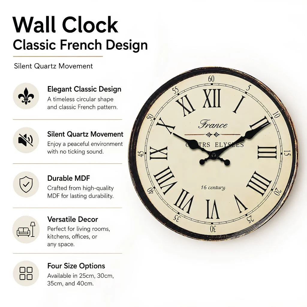 Round Wall Clock Silent Quartz Movement French Pattern