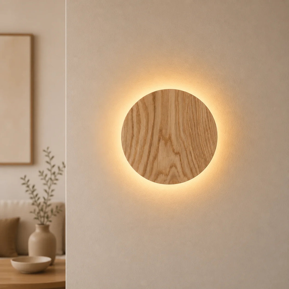 Round Wall Light Natural Wood Look & Warm Glow