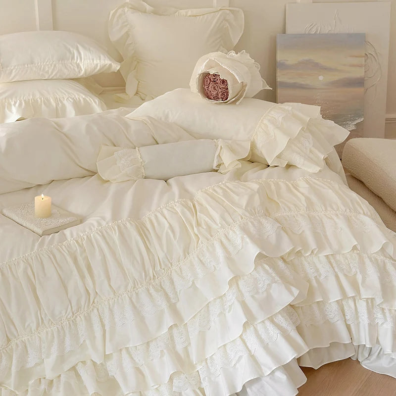 Ruffle Bedspread Cotton Blend Lace Trim 4-Piece Set