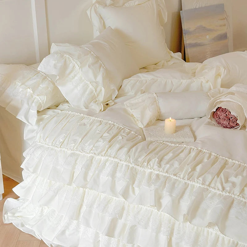 Ruffle Bedspread Cotton Blend Lace Trim 4-Piece Set