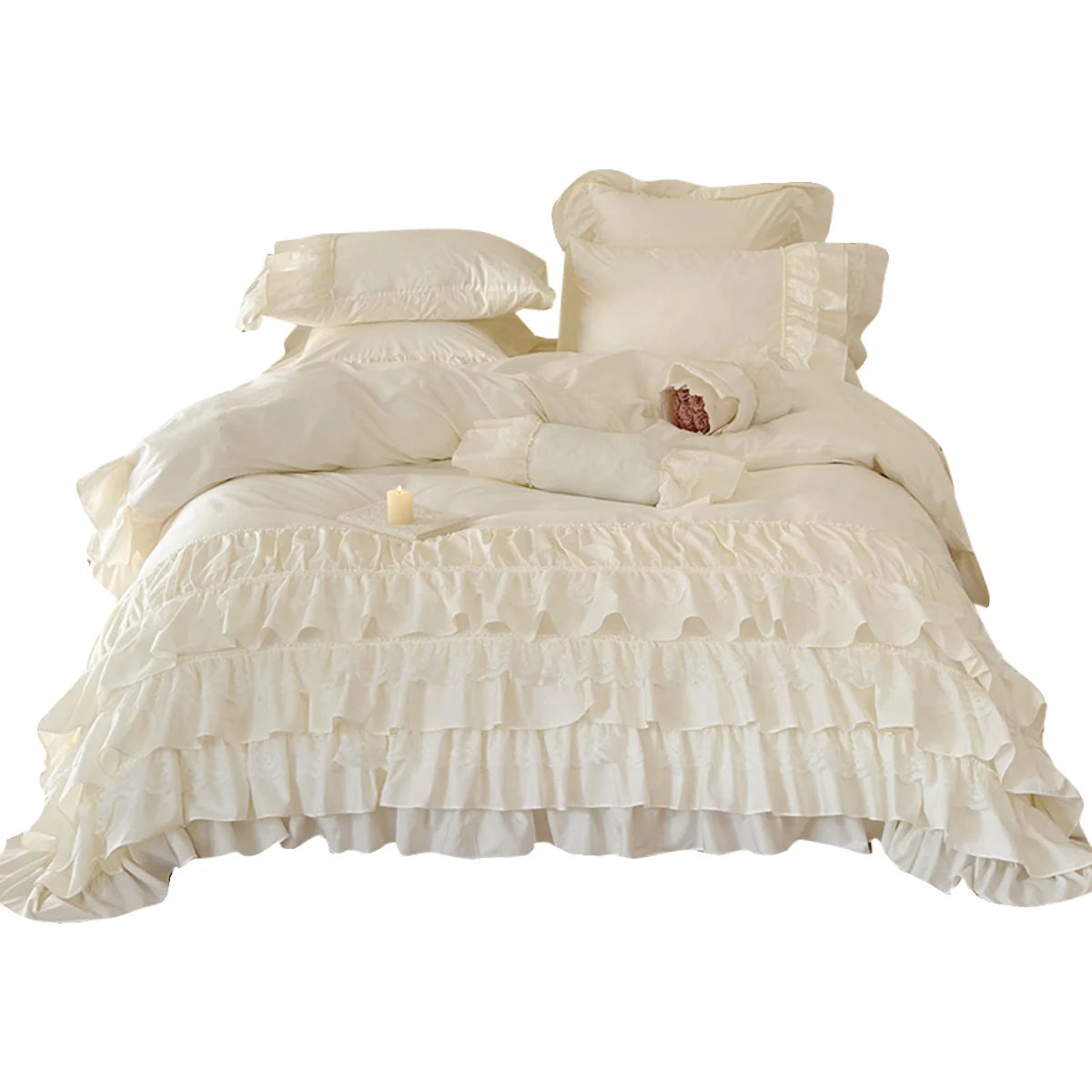 Ruffle Bedspread Cotton Blend Lace Trim 4-Piece Set