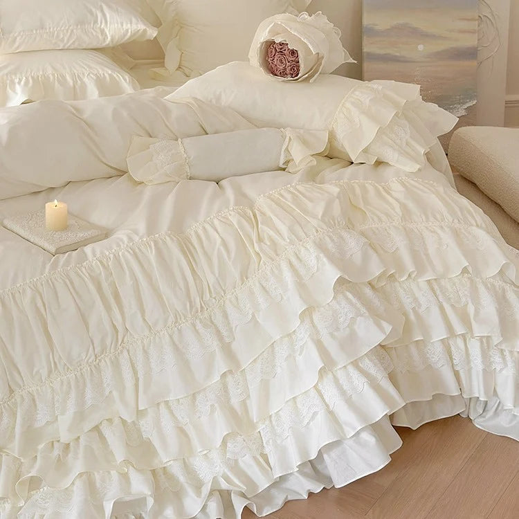 Ruffle Bedspread Cotton Blend Lace Trim 4-Piece Set