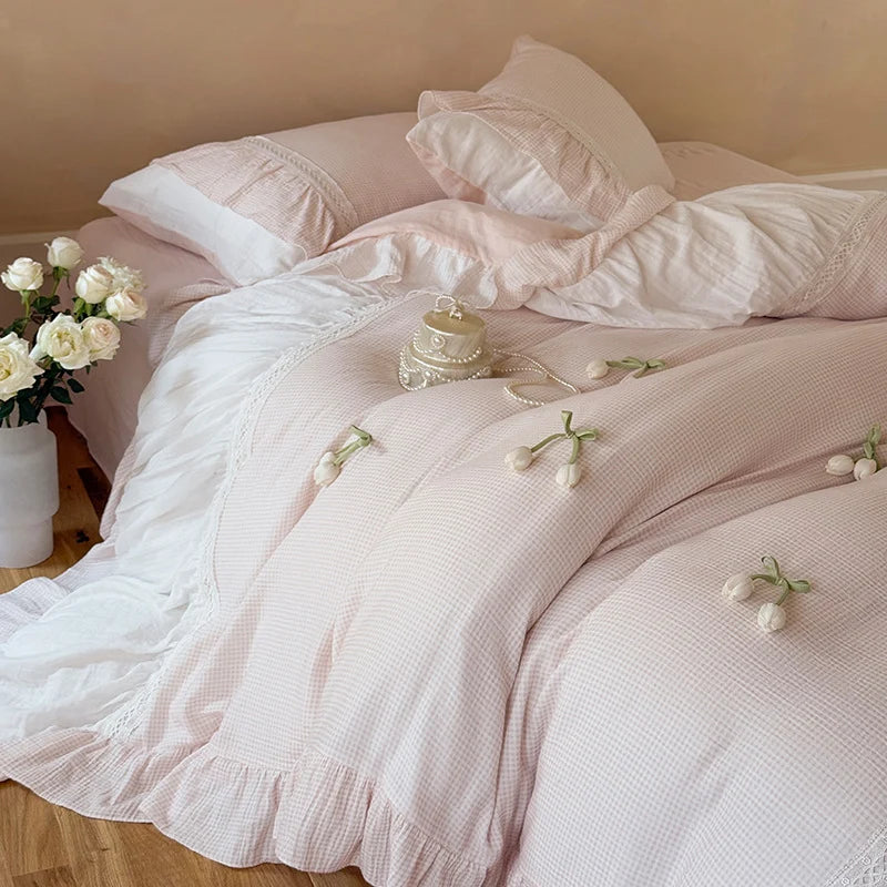 Ruffled Bedding Set Breathable Cotton Gauze Lace Edge